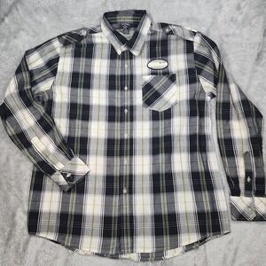 Avirex Shirt Mens XL Black White‎ Green Plaid Y2K Goth Punk Grunge Logo Patch